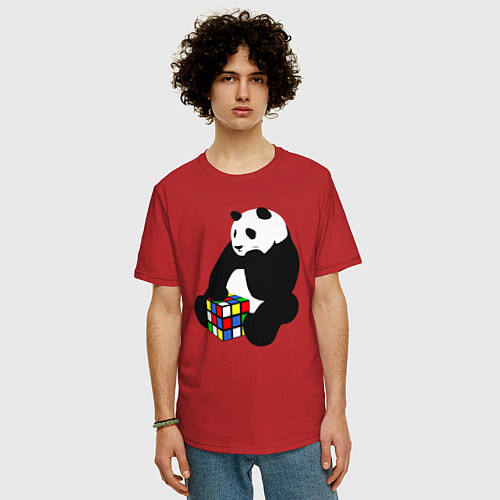 Мужская футболка оверсайз Панда с кубиком / Красный – фото 3