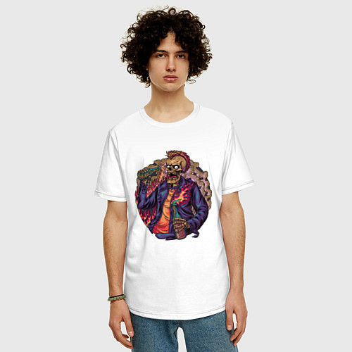 Мужская футболка оверсайз Скелет панк пьет виноводочное / Белый – фото 3