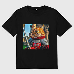 Футболка оверсайз мужская Рыжий кот рыцарь с мечом, цвет: черный