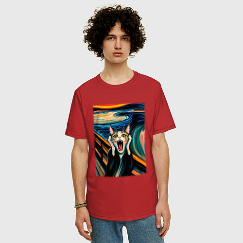 Мужская футболка оверсайз Крик кота - пародия нейросети / Красный – фото 3