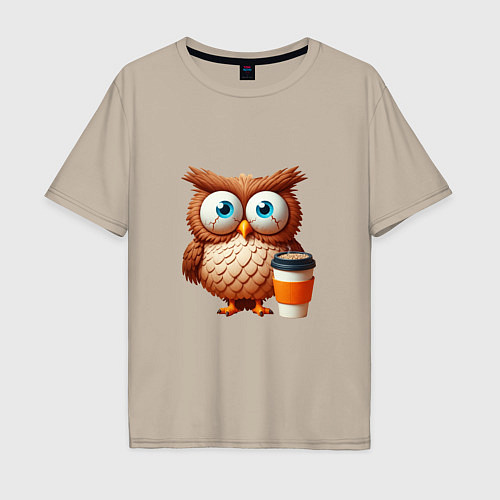 Мужская футболка оверсайз Растрепанная сова с кофе / Миндальный – фото 1