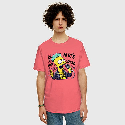 Мужская футболка оверсайз Bart Simpson - punks not dead / Коралловый – фото 3