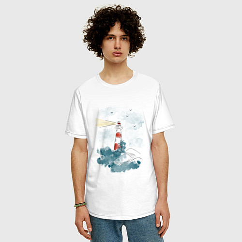 Мужская футболка оверсайз Маяк и волны - акварель / Белый – фото 3