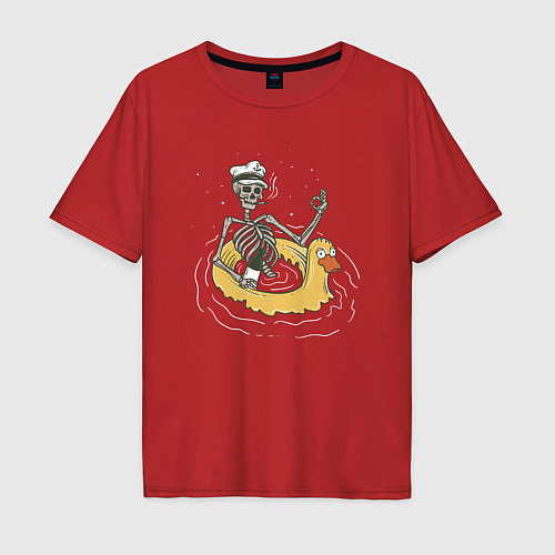 Мужская футболка оверсайз Скелет плавает на резиновой уточке / Красный – фото 1
