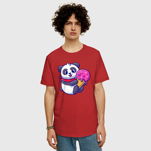 Мужская футболка оверсайз Панда и мороженое / Красный – фото 3