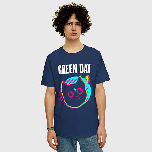 Мужская футболка оверсайз Green Day rock star cat / Тёмно-синий – фото 3
