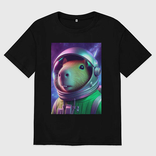 Мужская футболка оверсайз Портрет бравого космонавта - капибара / Черный – фото 1
