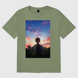 Футболка оверсайз мужская Клинок рассекающий демонов Тандзиро Камадо рассвет, цвет: авокадо