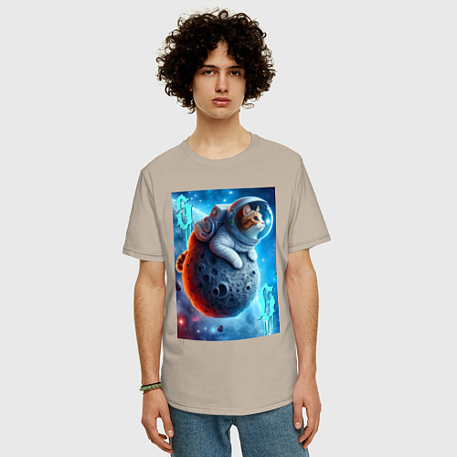 Мужская футболка оверсайз Space cat - ai art / Миндальный – фото 3