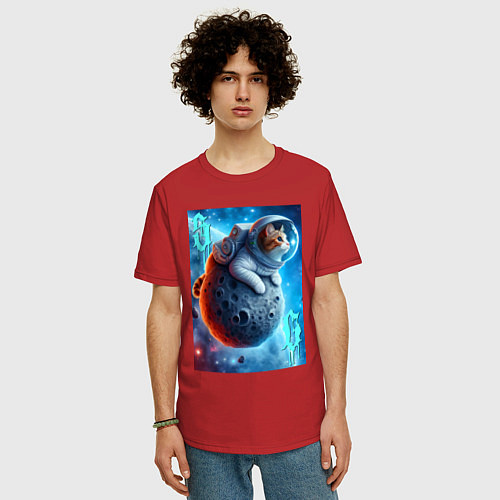 Мужская футболка оверсайз Space cat - ai art / Красный – фото 3