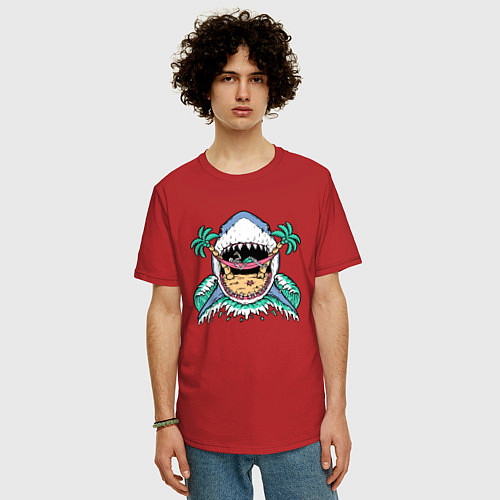 Мужская футболка оверсайз Акула скелет и пальмы / Красный – фото 3