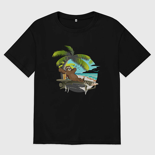 Мужская футболка оверсайз Ленивец под пальмой / Черный – фото 1