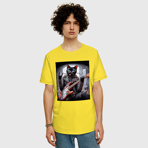Мужская футболка оверсайз Чёрный котяра рок гитарист / Желтый – фото 3
