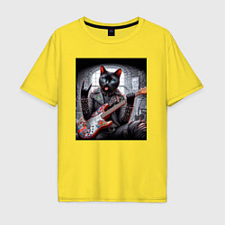 Футболка оверсайз мужская Чёрный котяра рок гитарист, цвет: желтый