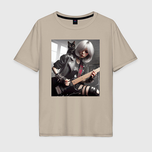 Мужская футболка оверсайз Девчонка рок гитарист с чёрным котом / Миндальный – фото 1