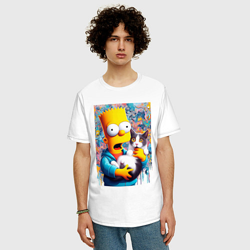 Мужская футболка оверсайз Bart Simpson with a kitten - ai art / Белый – фото 3