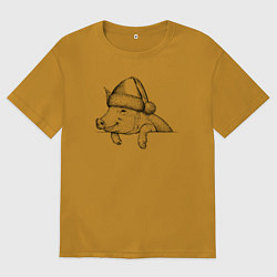 Футболка оверсайз мужская Новогодняя хрюшка, цвет: горчичный