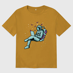 Футболка оверсайз мужская Космонавт работает за ноутбуком, цвет: горчичный