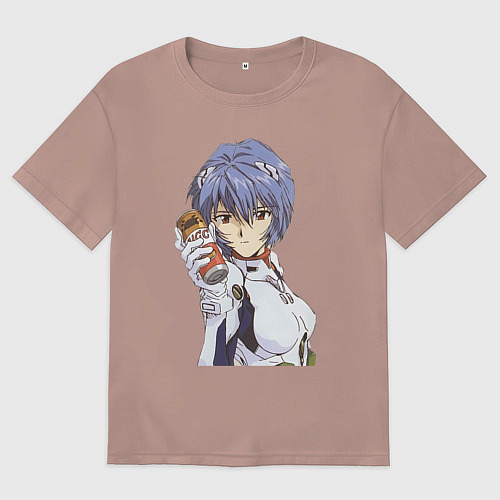 Мужская футболка оверсайз Евангелион Рей Аянами и банка / Пыльно-розовый – фото 1