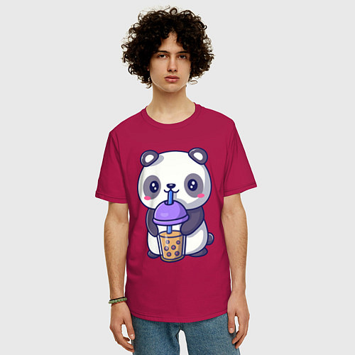 Мужская футболка оверсайз Panda drink / Маджента – фото 3