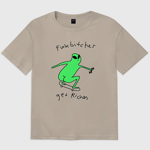 Мужская футболка оверсайз Fuck bitches get riches - skateboard alien / Миндальный – фото 1