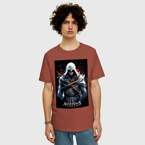 Мужская футболка оверсайз Assassins creed огненный фон / Кирпичный – фото 3