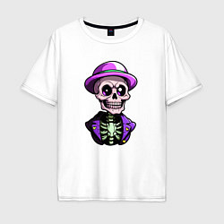 Футболка оверсайз мужская Скелет в фиолетовой шляпе, цвет: белый