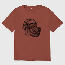 Футболка оверсайз мужская Кабан новогодний, цвет: кирпичный