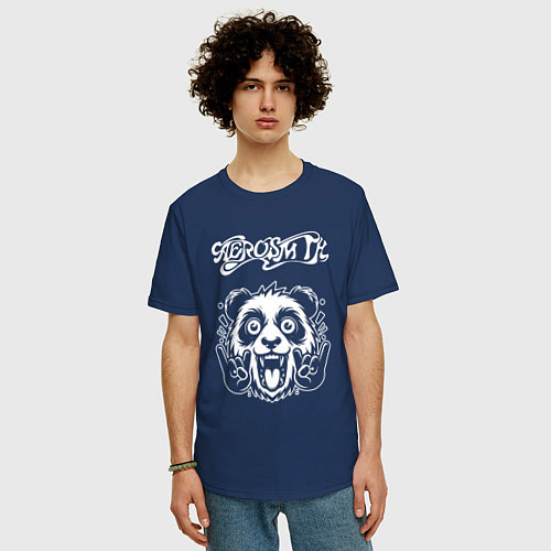 Мужская футболка оверсайз Aerosmith rock panda / Тёмно-синий – фото 3