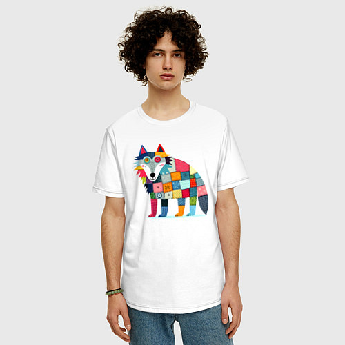 Мужская футболка оверсайз Funny wolf - patchwork ai art / Белый – фото 3