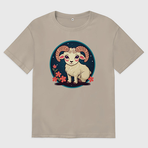 Мужская футболка оверсайз Барашек знак зодиака Овен на фоне цветов / Миндальный – фото 1