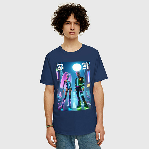 Мужская футболка оверсайз Барби и Кен в ночном городе - неон / Тёмно-синий – фото 3