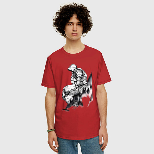Мужская футболка оверсайз Робот сидит на холме - Стальной гигант / Красный – фото 3