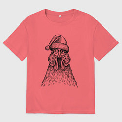 Футболка оверсайз мужская Петух в новогодней шапке, цвет: коралловый