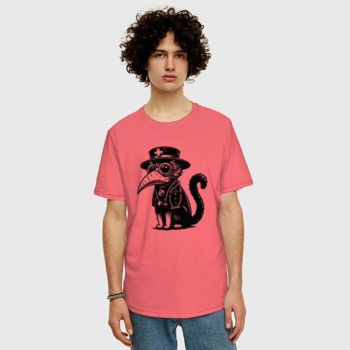 Мужская футболка оверсайз Кот в маске чумного доктора / Коралловый – фото 3