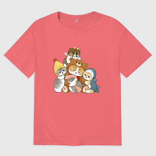 Мужская футболка оверсайз Милые котики в шапках мем / Коралловый – фото 1