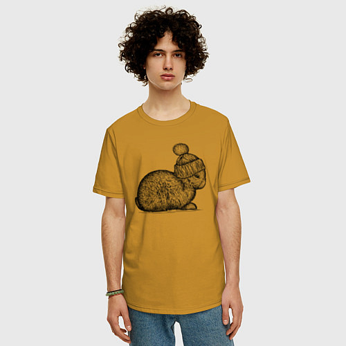 Мужская футболка оверсайз Зайченок в шапке / Горчичный – фото 3