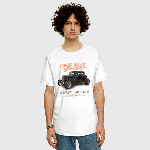 Мужская футболка оверсайз Хот род и надпись Gasoline bandit / Белый – фото 3