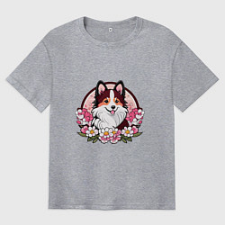 Футболка оверсайз мужская Колли среди цветов сакуры, цвет: меланж