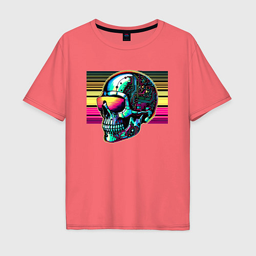 Мужская футболка оверсайз Cyber skull - fantasy ai art / Коралловый – фото 1