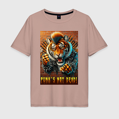 Мужская футболка оверсайз Punks not dead - motto tiger / Пыльно-розовый – фото 1
