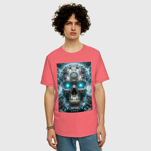 Мужская футболка оверсайз Electrified cyber skull - ai art fantasy / Коралловый – фото 3