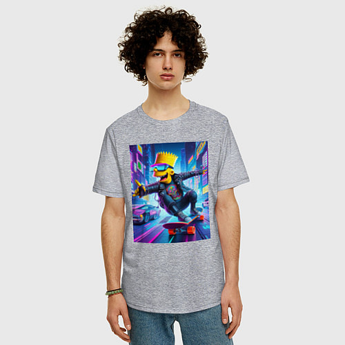 Мужская футболка оверсайз Барт Симпсон на скейтборде - нейросеть / Меланж – фото 3