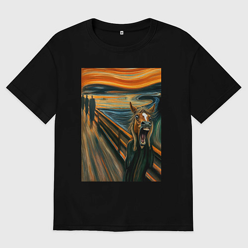 Мужская футболка оверсайз Лошадь кричит - мем картина от нейросети / Черный – фото 1