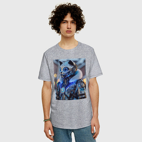 Мужская футболка оверсайз Cyber cat - ai art fantasy / Меланж – фото 3