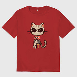 Футболка оверсайз мужская Деловая кошка босс в очках внимательно смотрит, цвет: красный