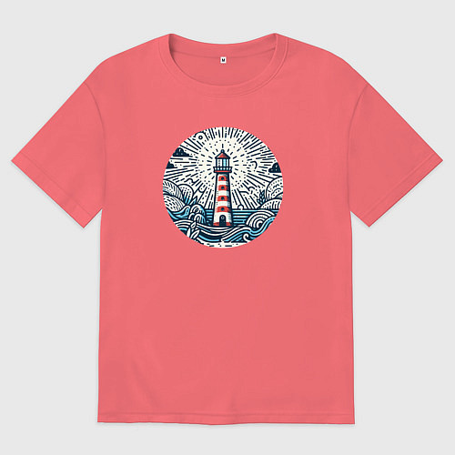Мужская футболка оверсайз Маяк и морской пейзаж / Коралловый – фото 1