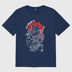 Футболка оверсайз мужская Черный кот самурай, цвет: тёмно-синий