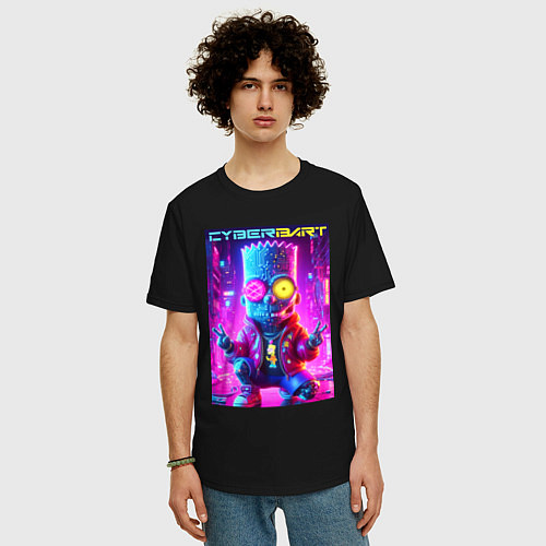 Мужская футболка оверсайз Cyber Bart in metropolis - neon glow / Черный – фото 3