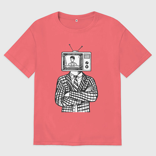 Мужская футболка оверсайз Человек телевизор ретро / Коралловый – фото 1